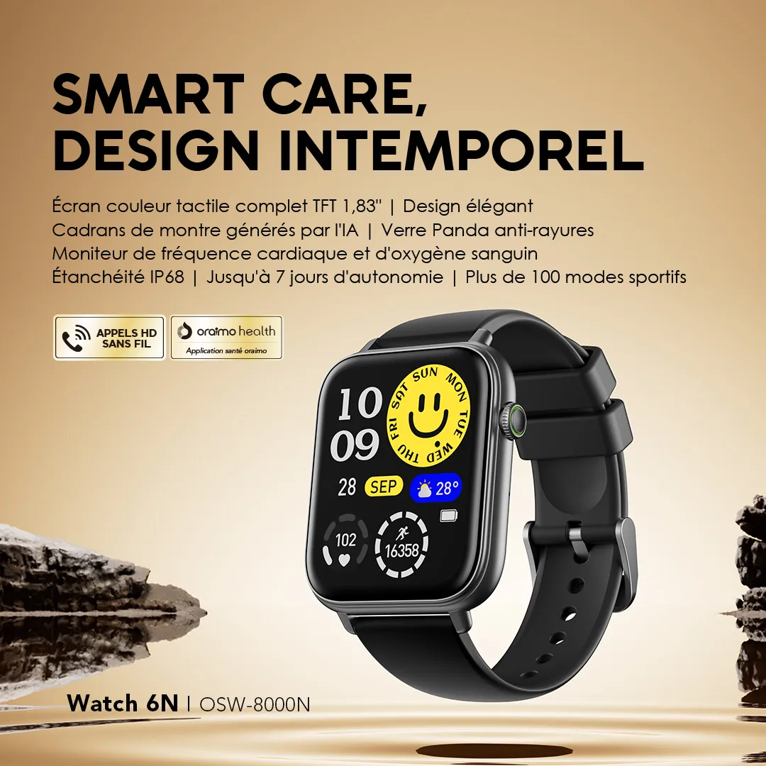 Oraimo Watch 6N OSW-8000N — Montre intelligente | Écran tactile couleur | Suivi de santé complet | Modes sportifs | Livraison Gabon | Kadmarket